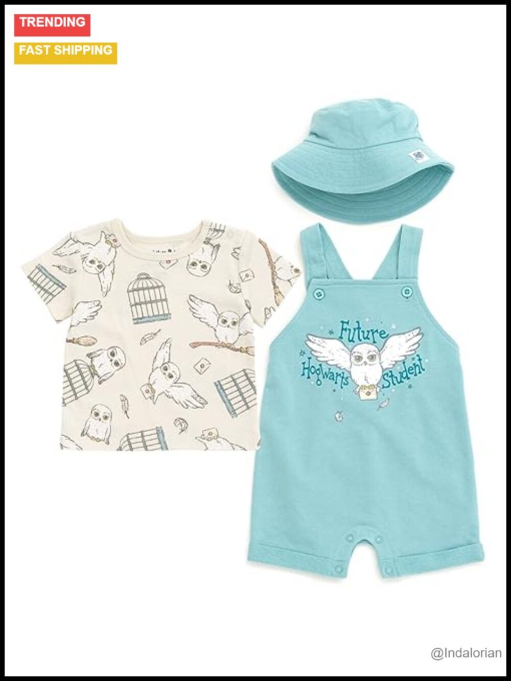 Harry Potter Baby French Terry Short Overalls T-Shirt Hat 3 Piece Infant Set